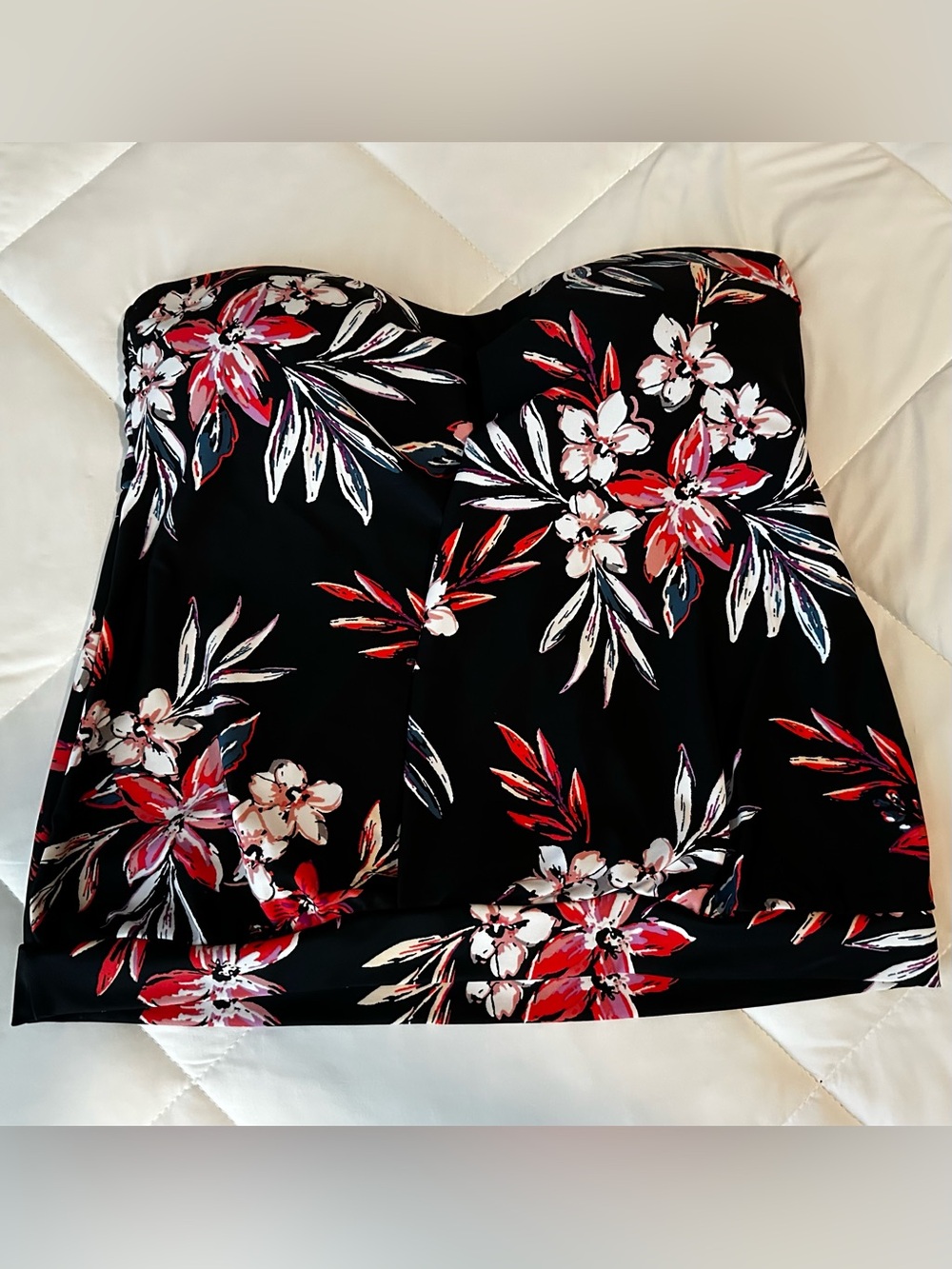 Bar III Black Bandeau Swim Top with Red & White Floral Print